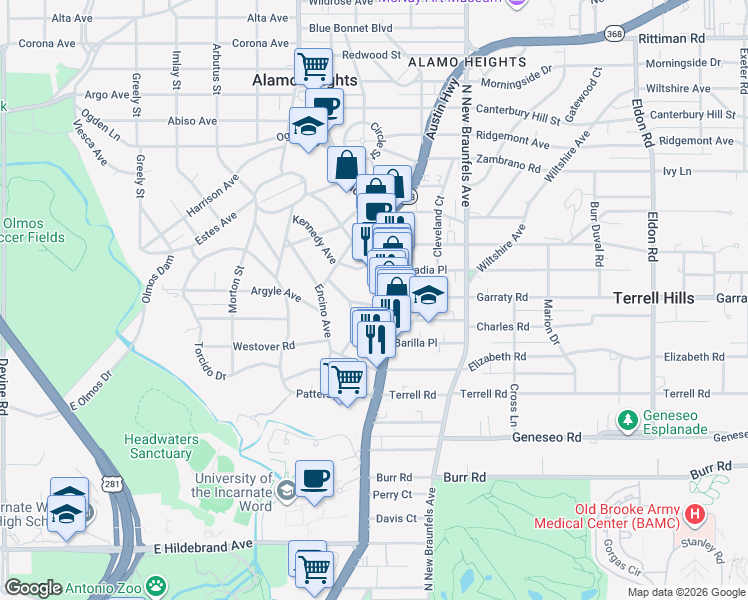 map of restaurants, bars, coffee shops, grocery stores, and more near 5201 Broadway Street in San Antonio