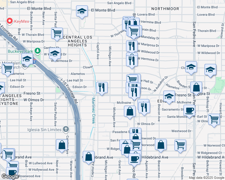 map of restaurants, bars, coffee shops, grocery stores, and more near 1034 Edison Drive in San Antonio