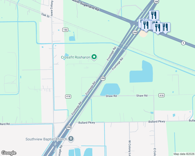 map of restaurants, bars, coffee shops, grocery stores, and more near Frontage Road in Manvel