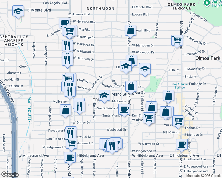 map of restaurants, bars, coffee shops, grocery stores, and more near 610 Alametos in San Antonio