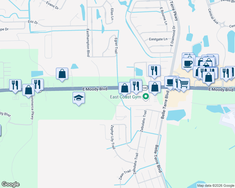map of restaurants, bars, coffee shops, grocery stores, and more near 4101 East Moody Boulevard in Bunnell