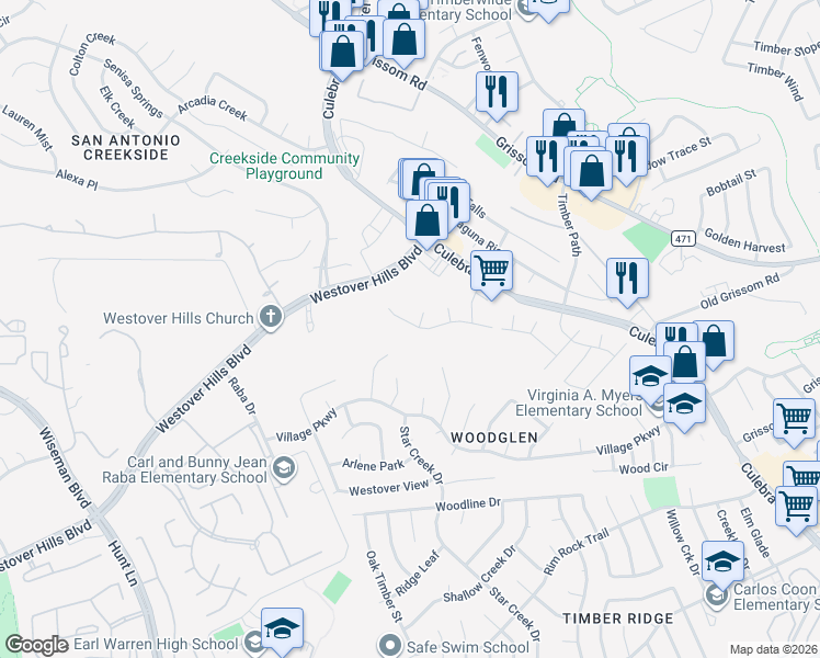 map of restaurants, bars, coffee shops, grocery stores, and more near 9206 Hilltop Crossing Drive in San Antonio
