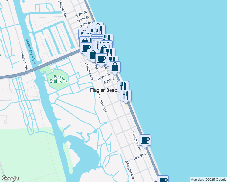 map of restaurants, bars, coffee shops, grocery stores, and more near 1010 South Central Avenue in Flagler Beach