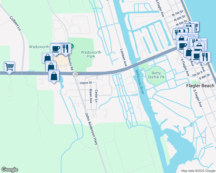 map of restaurants, bars, coffee shops, grocery stores, and more near 14 Village Drive in Flagler Beach