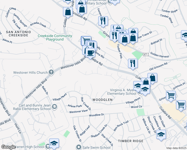 map of restaurants, bars, coffee shops, grocery stores, and more near 9110 Hilltop Crossing Drive in San Antonio