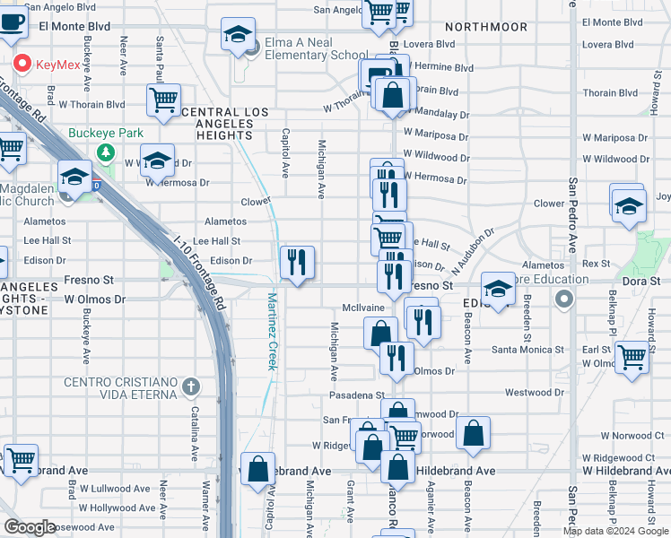map of restaurants, bars, coffee shops, grocery stores, and more near 1024 Edison Drive in San Antonio