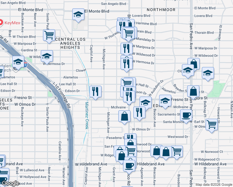 map of restaurants, bars, coffee shops, grocery stores, and more near 938 Edison Drive in San Antonio