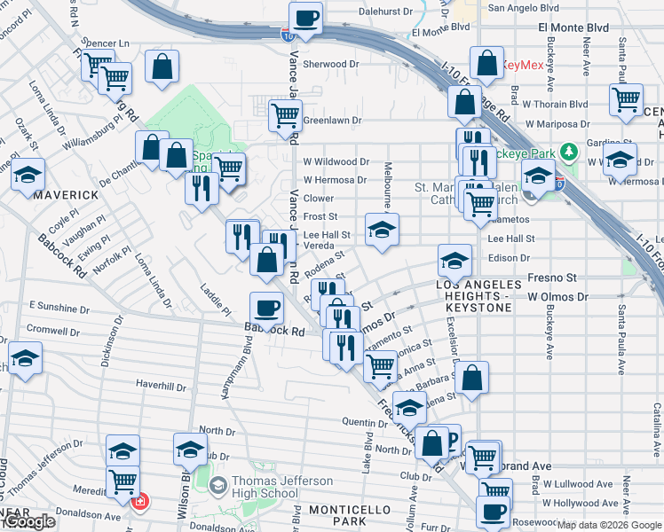 map of restaurants, bars, coffee shops, grocery stores, and more near 147 Rodena Street in San Antonio