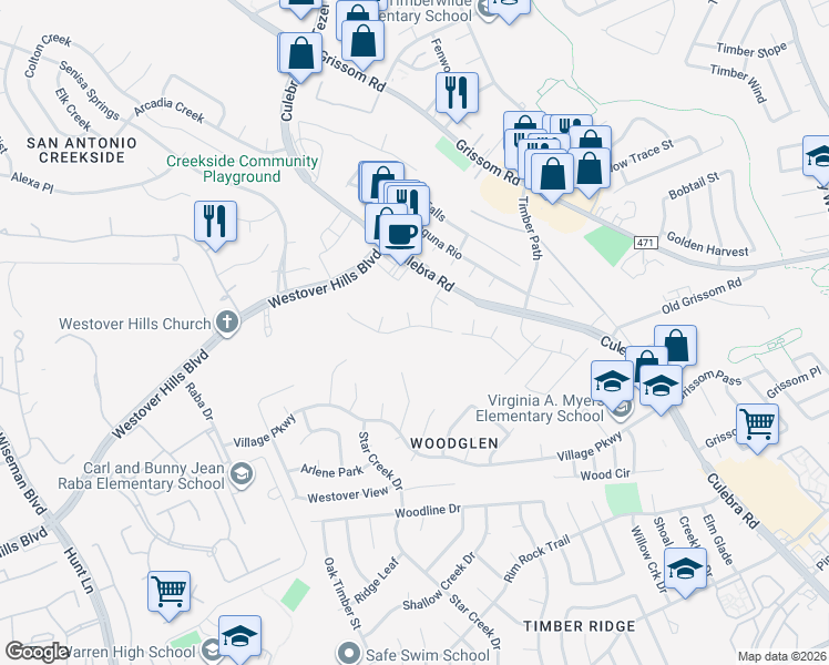 map of restaurants, bars, coffee shops, grocery stores, and more near 9110 Hilltop Crossing Drive in San Antonio