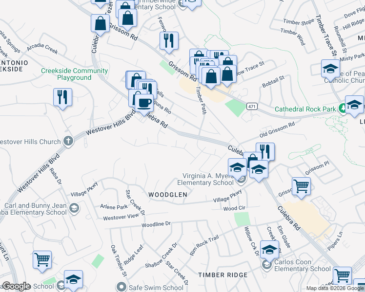 map of restaurants, bars, coffee shops, grocery stores, and more near 4303 Gentle Grove Drive in San Antonio