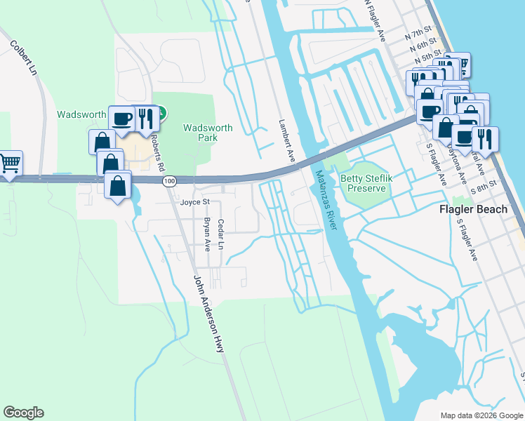 map of restaurants, bars, coffee shops, grocery stores, and more near 21 Village Drive in Flagler Beach
