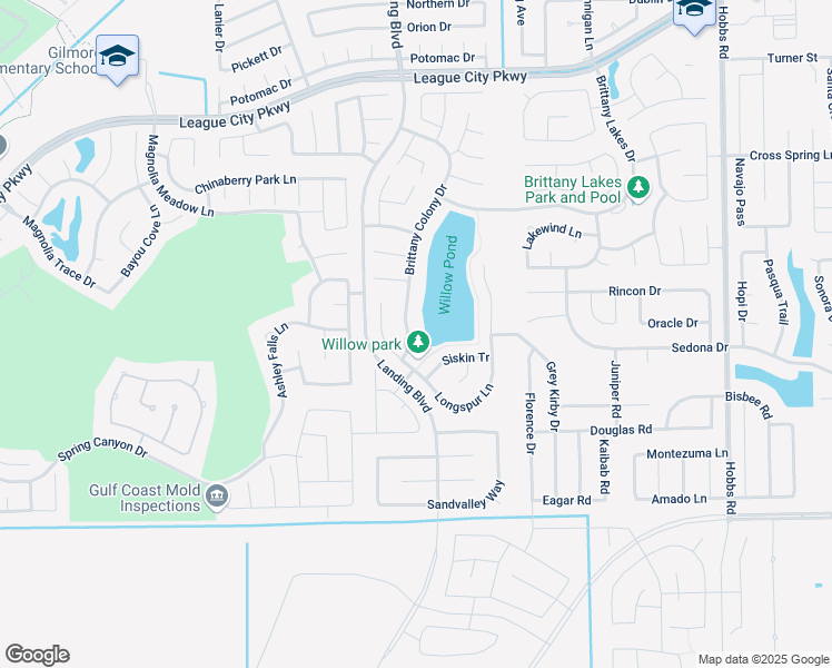 map of restaurants, bars, coffee shops, grocery stores, and more near 2186 Brittany Colony Drive in League City