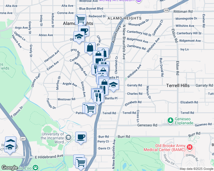 map of restaurants, bars, coffee shops, grocery stores, and more near 141 Grove Place in Alamo Heights