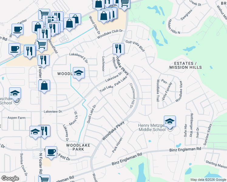 map of restaurants, bars, coffee shops, grocery stores, and more near 5314 Park Lake in San Antonio
