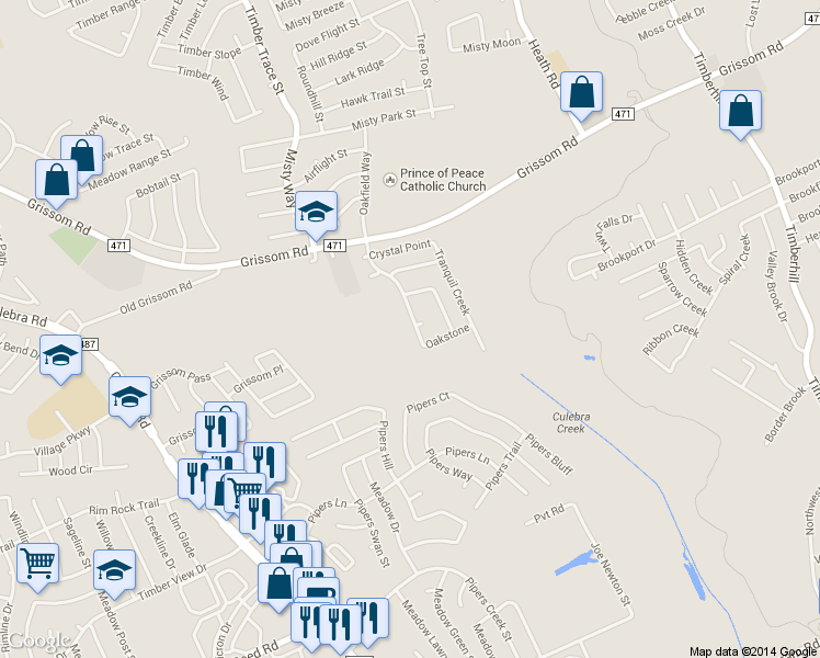 map of restaurants, bars, coffee shops, grocery stores, and more near 4527 Oakfield Way in San Antonio