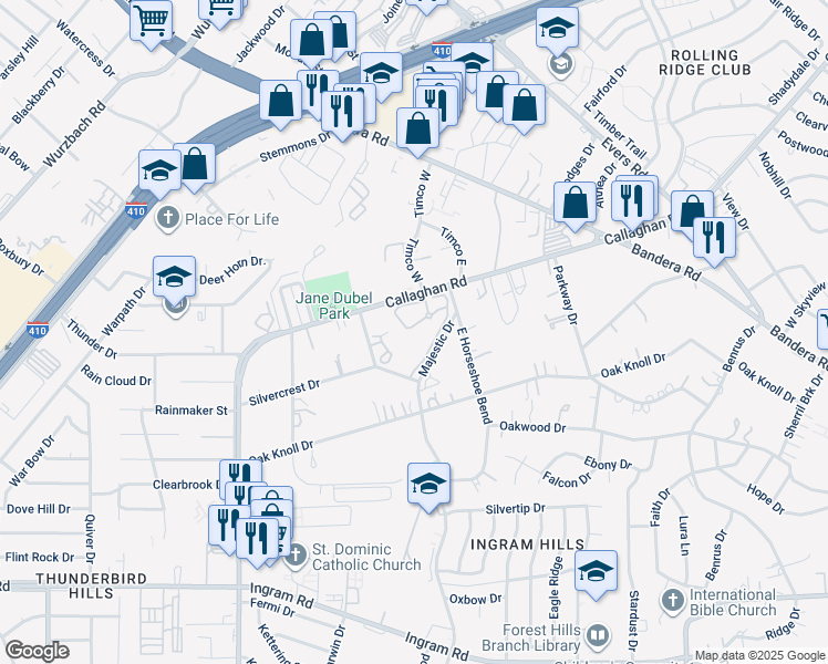 map of restaurants, bars, coffee shops, grocery stores, and more near 4834 Callaghan Road in San Antonio