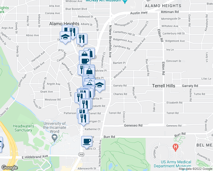 map of restaurants, bars, coffee shops, grocery stores, and more near 209 Grove Place in San Antonio
