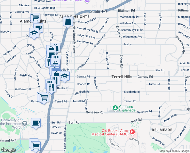 map of restaurants, bars, coffee shops, grocery stores, and more near 401 Garraty Road in San Antonio