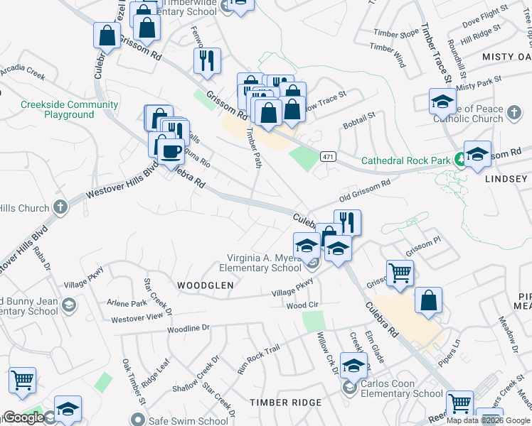 map of restaurants, bars, coffee shops, grocery stores, and more near 4311 Enfield Bluff in San Antonio