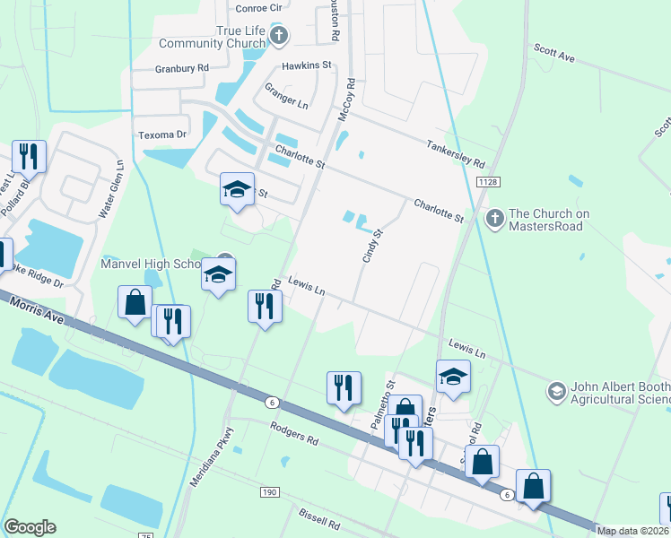 map of restaurants, bars, coffee shops, grocery stores, and more near 7010 Cindy Street in Manvel