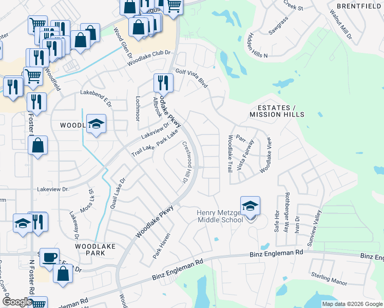 map of restaurants, bars, coffee shops, grocery stores, and more near 5106 Crestwood Hill Drive in San Antonio