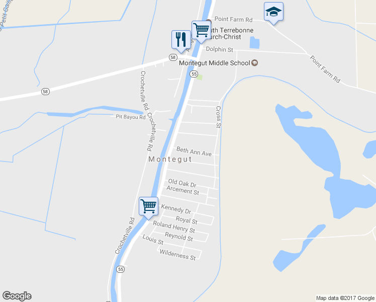 map of restaurants, bars, coffee shops, grocery stores, and more near 119 Beth Ann Avenue in Montegut