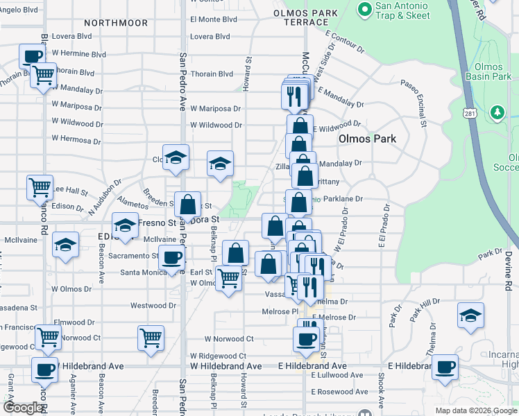 map of restaurants, bars, coffee shops, grocery stores, and more near 220 Horace Street in San Antonio