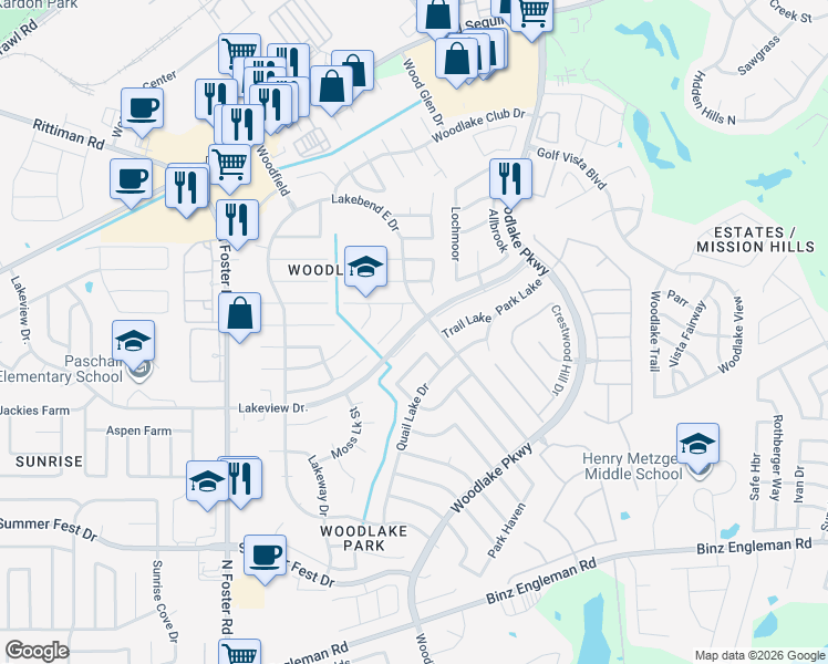 map of restaurants, bars, coffee shops, grocery stores, and more near 5327 Lakebend East Drive in San Antonio