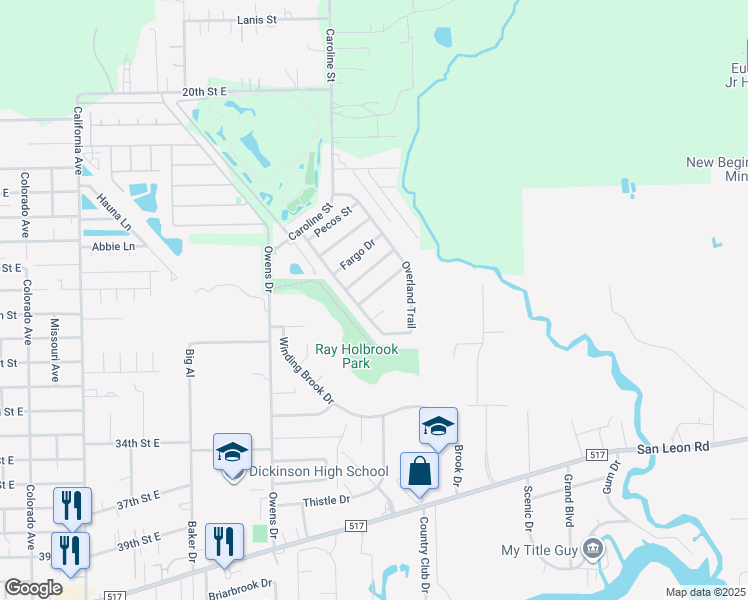 map of restaurants, bars, coffee shops, grocery stores, and more near 5810 Red River Drive in Dickinson
