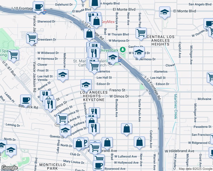 map of restaurants, bars, coffee shops, grocery stores, and more near 1802 Edison Drive in San Antonio