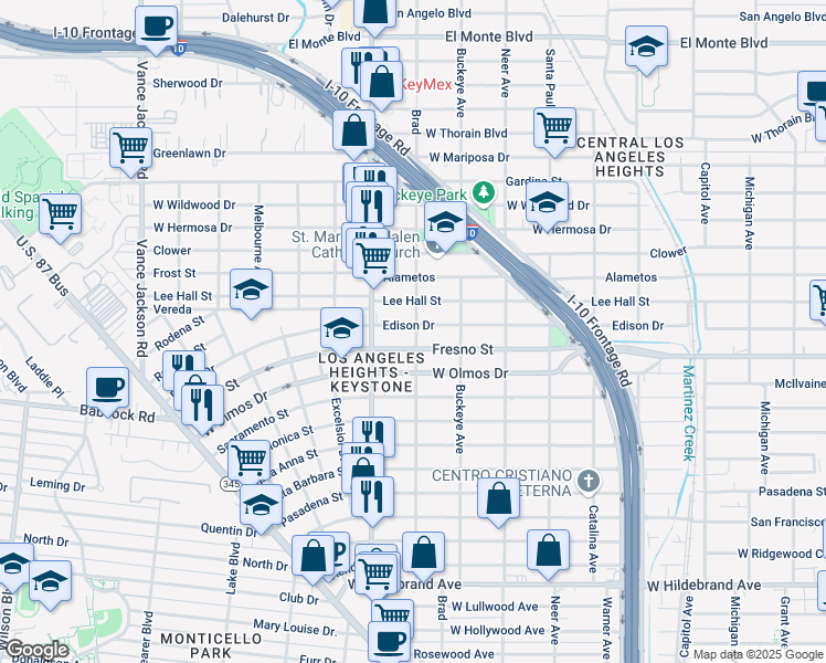 map of restaurants, bars, coffee shops, grocery stores, and more near 1802 Edison Drive in San Antonio