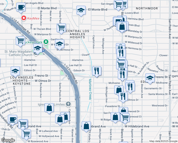 map of restaurants, bars, coffee shops, grocery stores, and more near 1206 Edison Drive in San Antonio