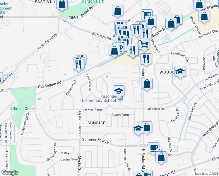 map of restaurants, bars, coffee shops, grocery stores, and more near 5044 Viking Coral in San Antonio
