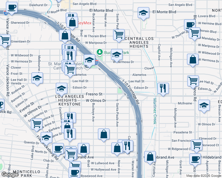 map of restaurants, bars, coffee shops, grocery stores, and more near 1524 Edison Drive in San Antonio