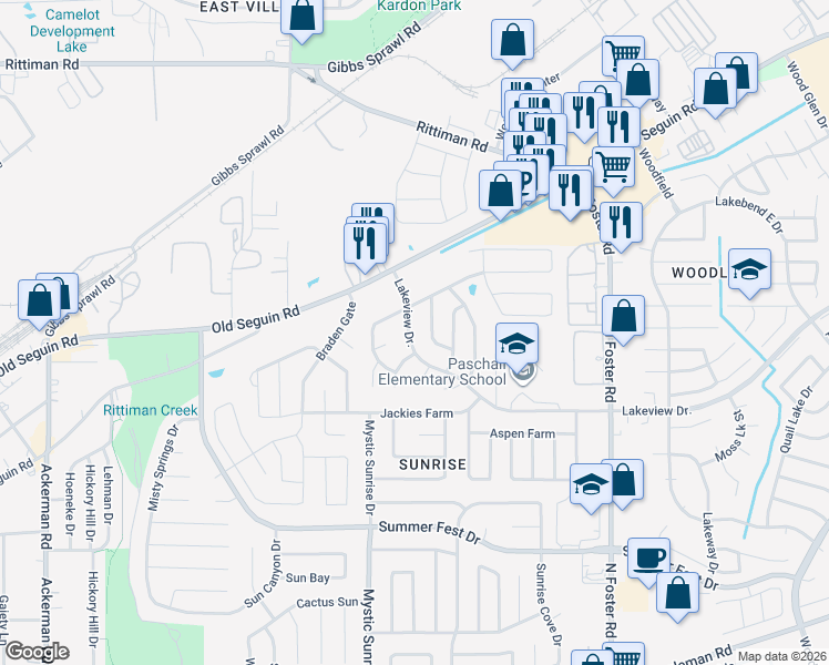 map of restaurants, bars, coffee shops, grocery stores, and more near 6023 Lakeview Drive in San Antonio