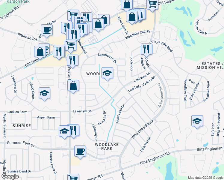 map of restaurants, bars, coffee shops, grocery stores, and more near 5315 Shadow Lake Drive in San Antonio