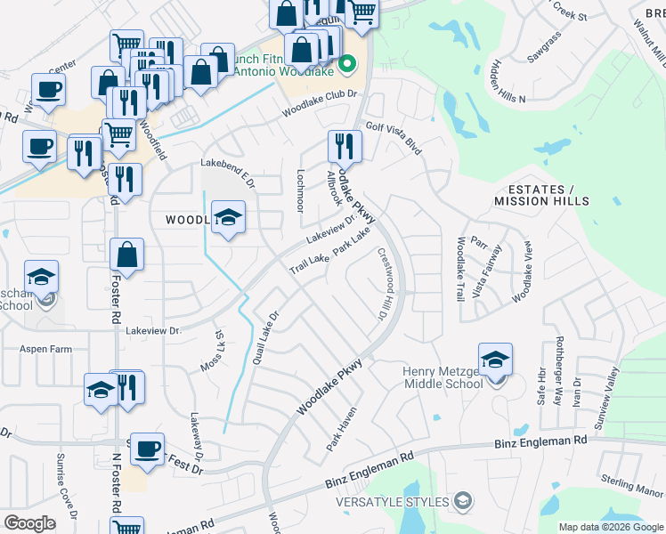 map of restaurants, bars, coffee shops, grocery stores, and more near 5314 Park Lake in San Antonio