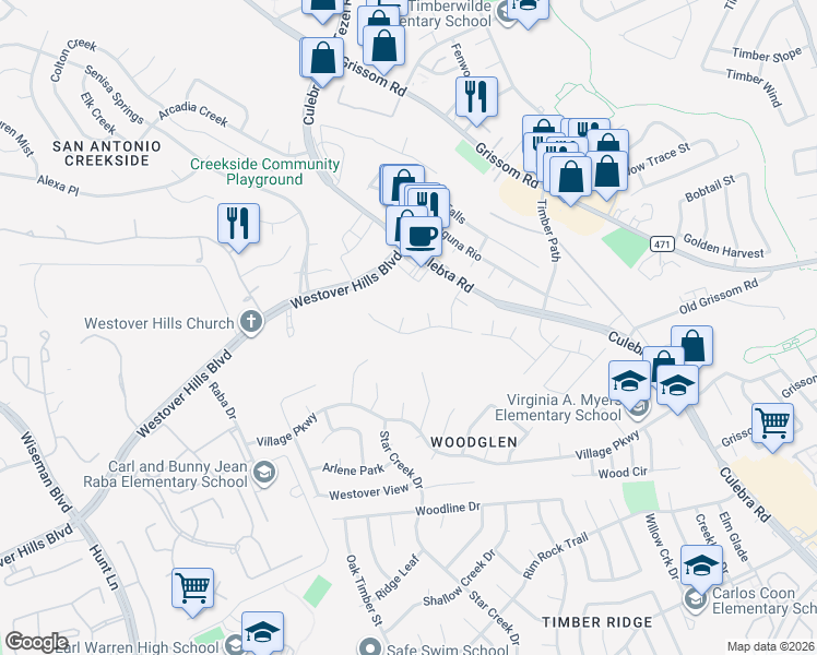 map of restaurants, bars, coffee shops, grocery stores, and more near 9206 Hilltop Crossing Drive in San Antonio