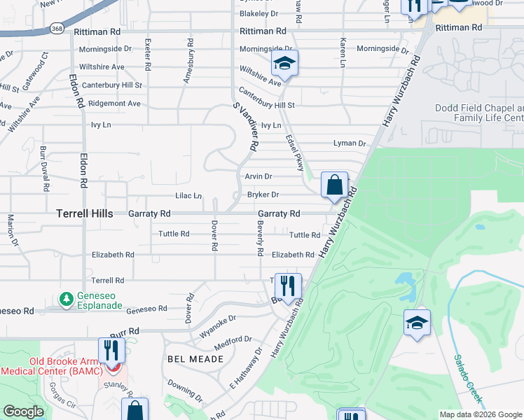 map of restaurants, bars, coffee shops, grocery stores, and more near 1021 Garraty Road in San Antonio