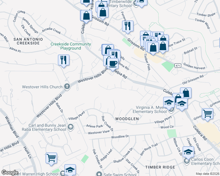 map of restaurants, bars, coffee shops, grocery stores, and more near 9206 Hilltop Crossing Drive in San Antonio