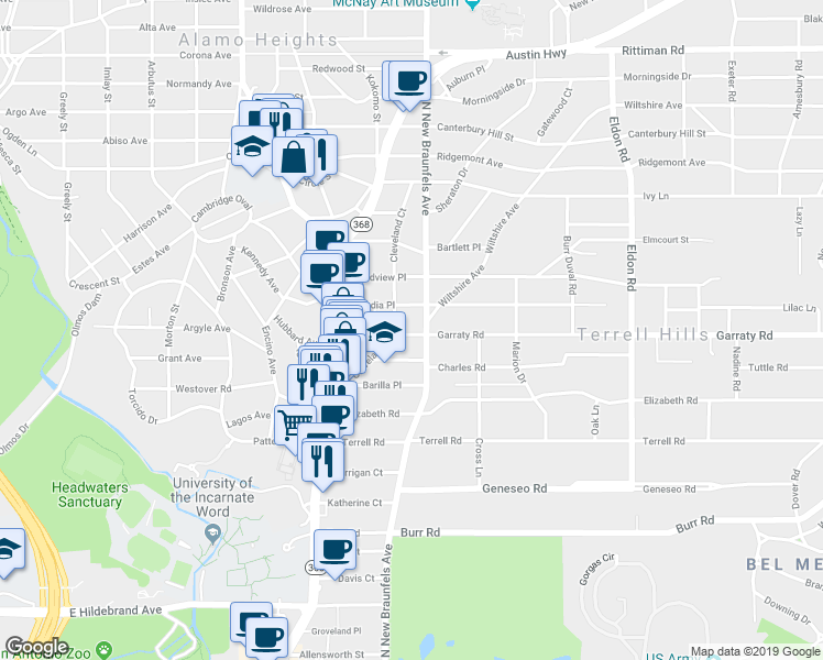 map of restaurants, bars, coffee shops, grocery stores, and more near 209 Grove Place in Alamo Heights