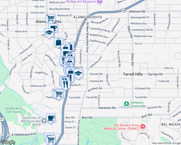 map of restaurants, bars, coffee shops, grocery stores, and more near 307 Garraty Road in Terrell Hills