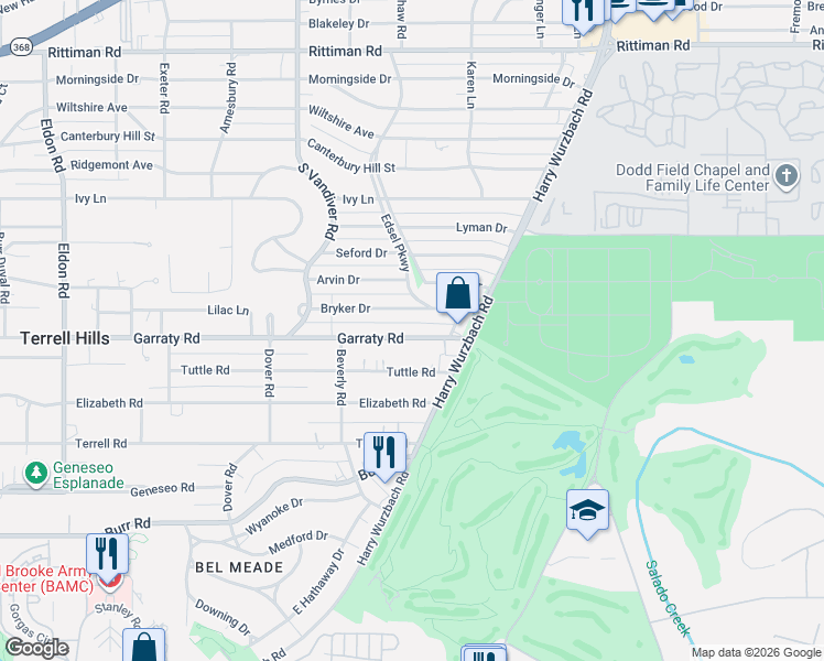map of restaurants, bars, coffee shops, grocery stores, and more near 1133 Garraty Road in Terrell Hills