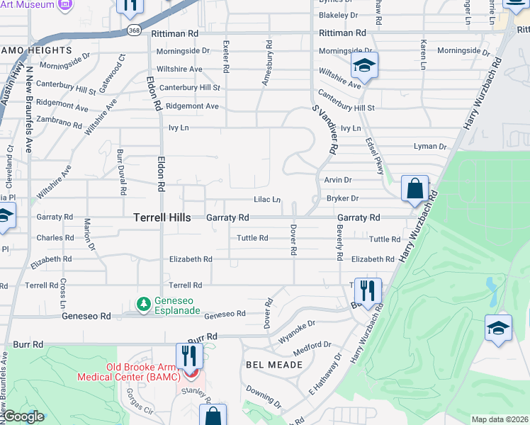 map of restaurants, bars, coffee shops, grocery stores, and more near 905 Garraty Road in San Antonio