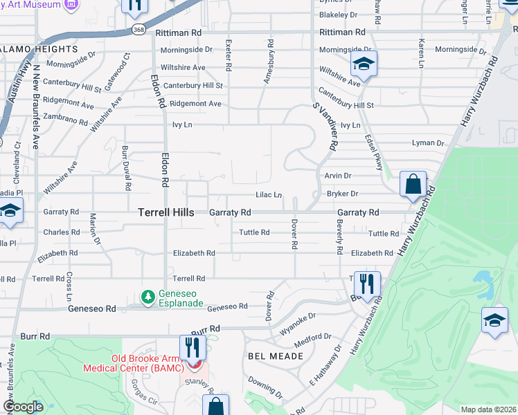 map of restaurants, bars, coffee shops, grocery stores, and more near 905 Garraty Road in San Antonio
