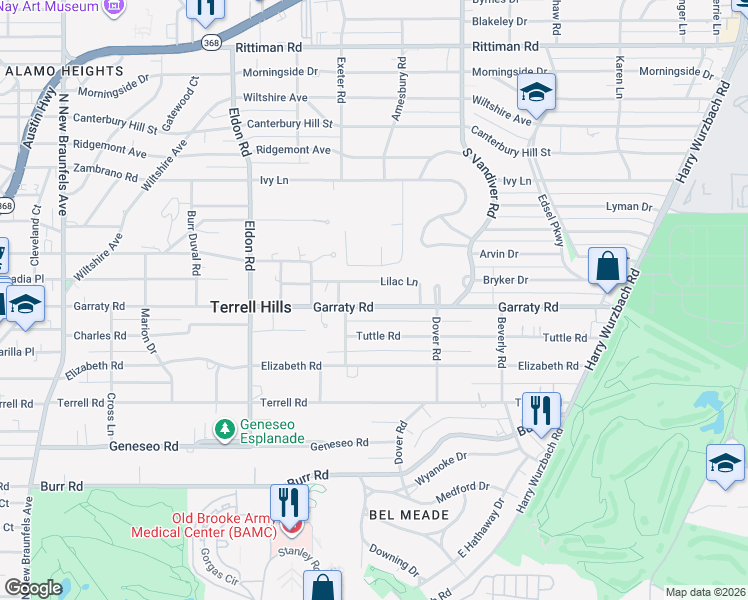 map of restaurants, bars, coffee shops, grocery stores, and more near 809 Garraty Road in San Antonio