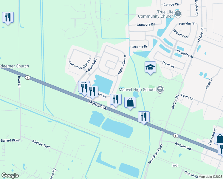 map of restaurants, bars, coffee shops, grocery stores, and more near 19314 Lake Ridge Drive in Manvel