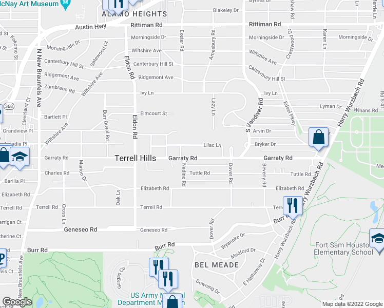 map of restaurants, bars, coffee shops, grocery stores, and more near 809 Garraty Road in San Antonio