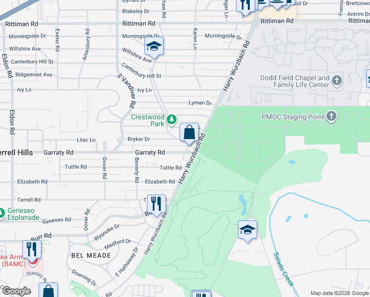 map of restaurants, bars, coffee shops, grocery stores, and more near 1501 Harry Wurzbach Road in Terrell Hills