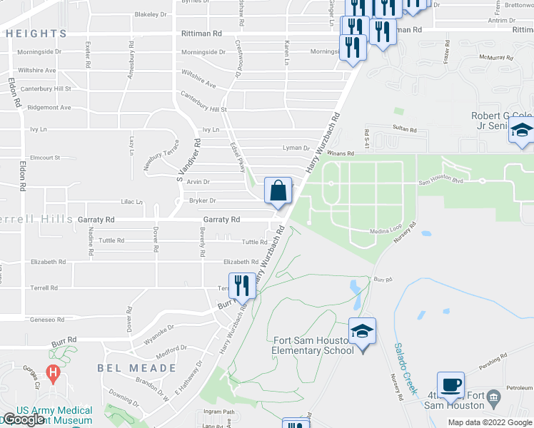 map of restaurants, bars, coffee shops, grocery stores, and more near 1501 Harry Wurzbach Road in Terrell Hills